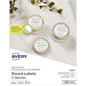 imageAvery Printable Round Labels 2quot Diameter Matte White with Metallic Gold Borders Permanent Adhesive 120 Blank Labels Great for Weddings Showers Holidays and More 22875