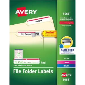 imageAvery TrueBlock File Folder Labels 23quot x 3716quot 1500 Printable Labels WhiteRed Permanent 50665