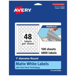 imageAvery TrueBlock Matte White Round Labels Sure Feed Technology 1quot Diameter 480 Matte White Labels PrinttoTheEdge LaserInkjet Printable Great for Product Merchandising Stickers4 800 labels
