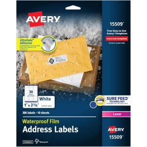 imageAvery Waterproof Printable Address Labels with Sure Feed 1quot x 258quot White Ultrahold Permanent Adhesive Laser Printers 300 Blank Mailing Labels Great for Mailing Branding and More 15509