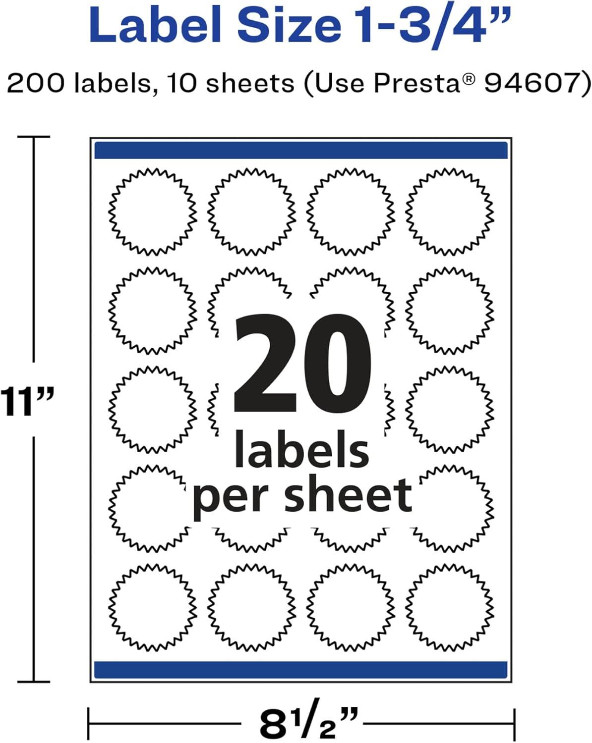 imageAvery Glossy White Starburst Labels Sure Feed Technology 175quot 200 Glossy White Labels PrinttoTheEdge Permanent Adhesive LaserInkjet Printable200 labels