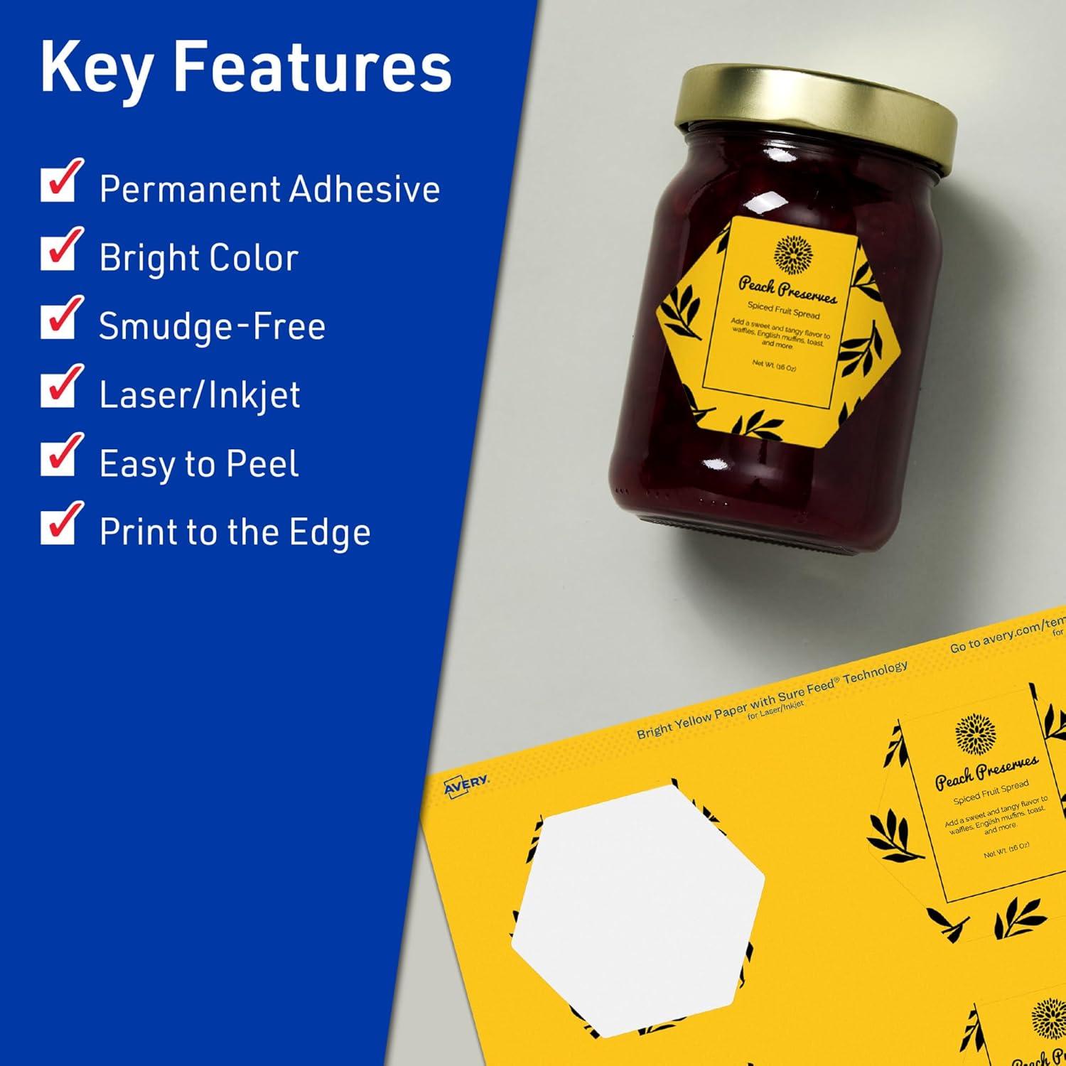 imageAvery Printable Hexagon Labels Sure Feed Technology 212quot x 25764quot Bright Yellow Labels PrinttoTheEdge LaserInkjet Printable 120 Total Great for Cosmetics and Jars480 labels