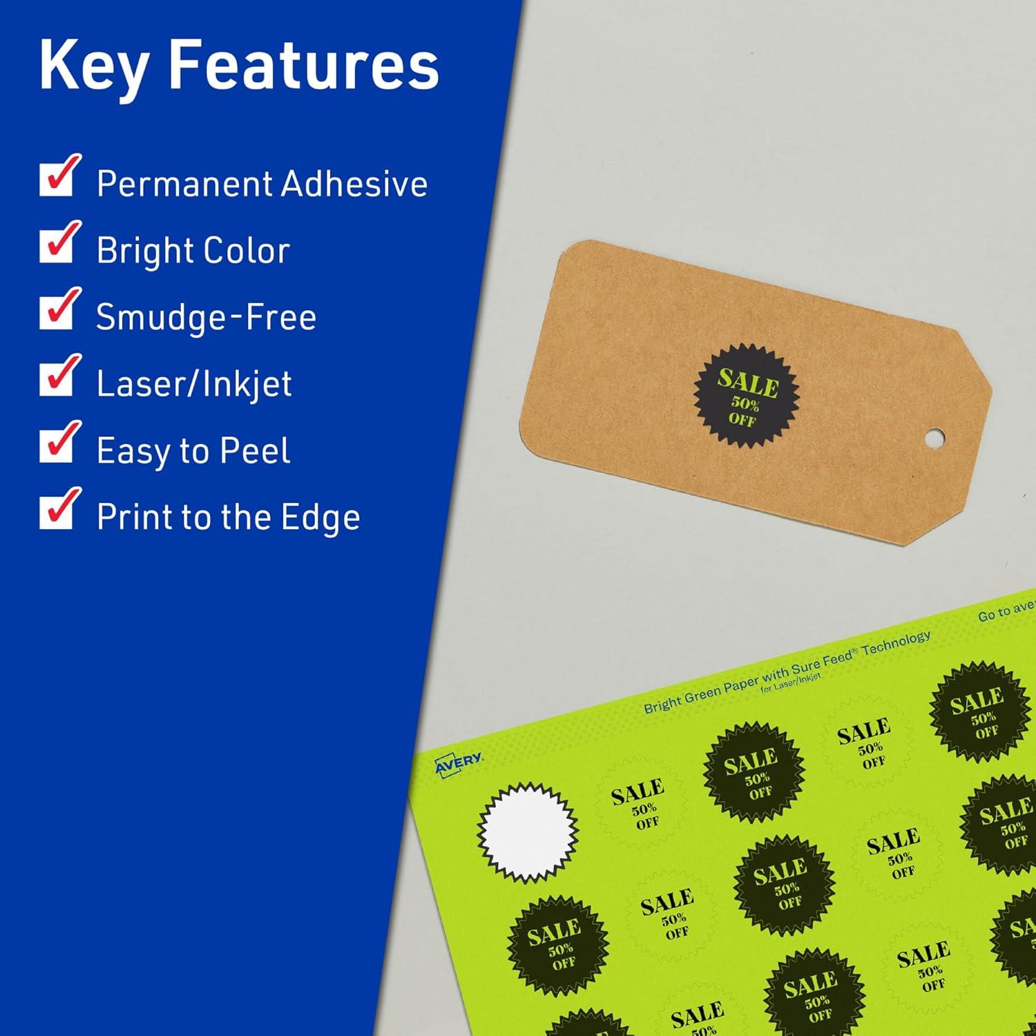 imageAvery Printable Starburst Labels Sure Feed Technology 1quot Bright Green Labels PrinttoTheEdge LaserInkjet 480 Total Great for Mailing Seals and Planner Stickers1 920 labels