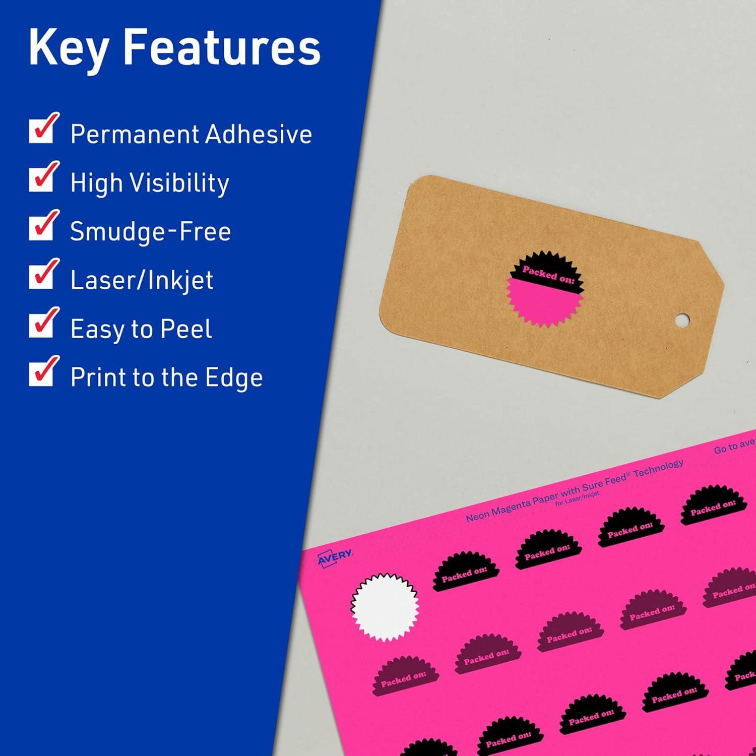 imageAvery Printable Starburst Labels Sure Feed Technology 1quot Neon Magenta Labels PrinttoTheEdge LaserInkjet 480 Total Great for Mailing Seals and Planner Stickers960 labels
