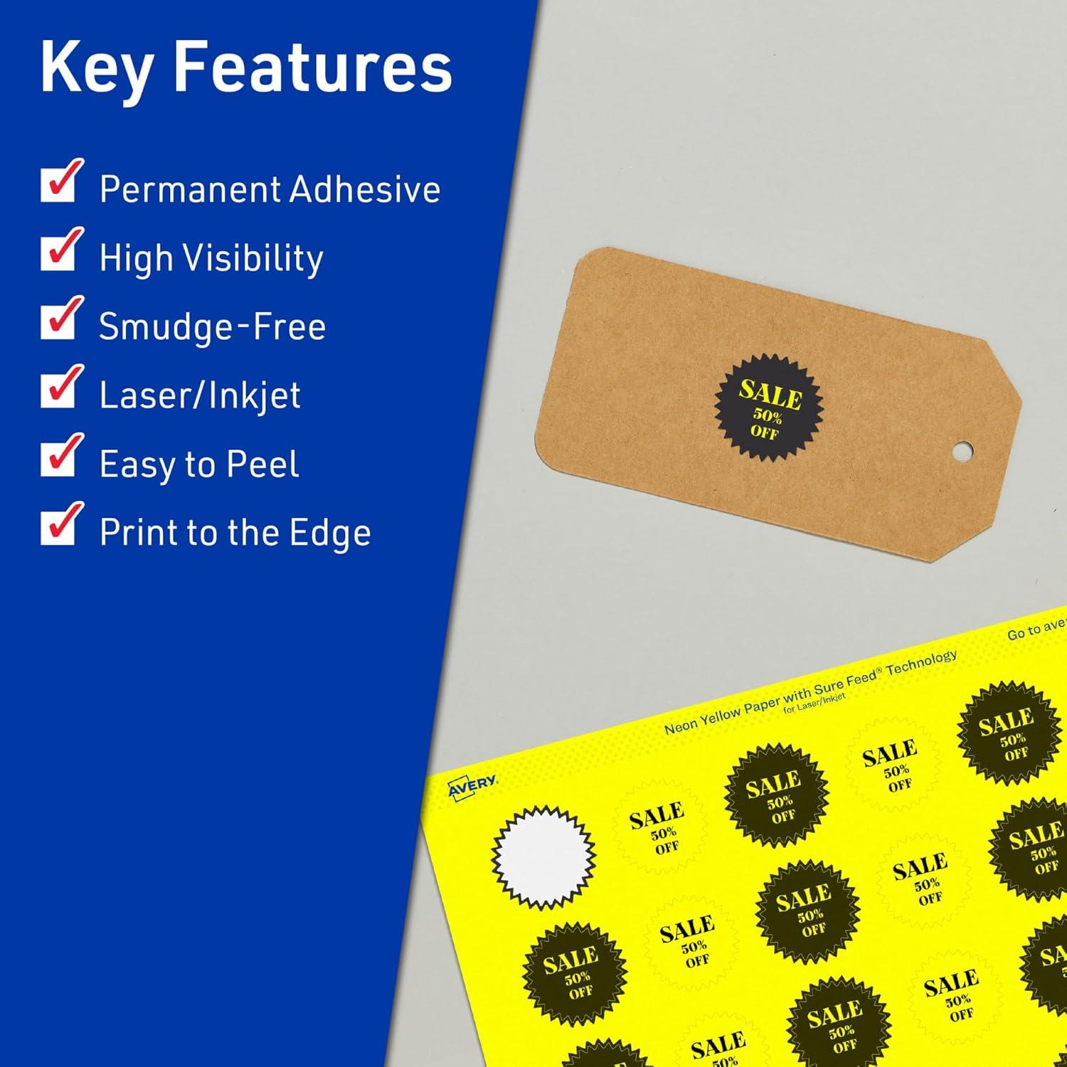 imageAvery Printable Starburst Labels Sure Feed Technology 1quot Neon Yellow Labels PrinttoTheEdge LaserInkjet 960 Total Great for Mailing Seals and Planner Stickers960 labels