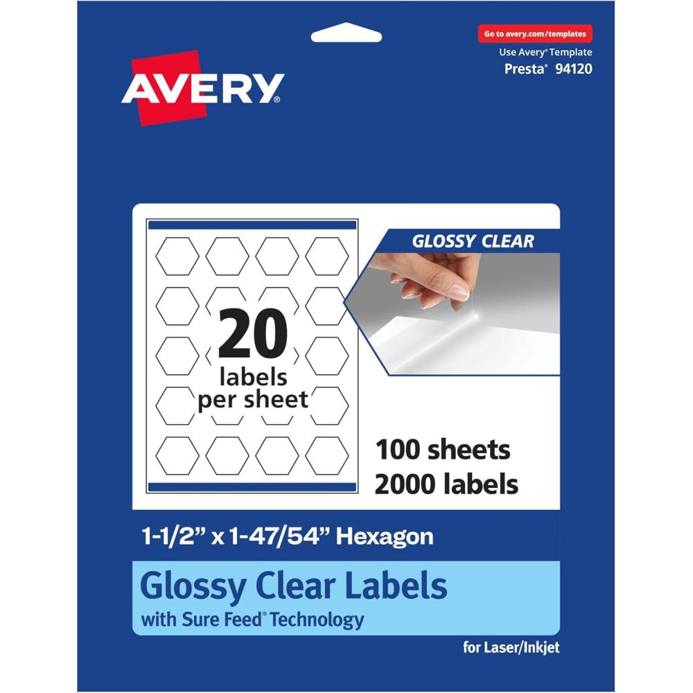 imageAvery Glossy Clear Hexagon Labels Sure Feed Technology 112quot x 14754quot 200 Glossy Clear Labels PrinttoTheEdge LaserInkjet Printable2 000 labels