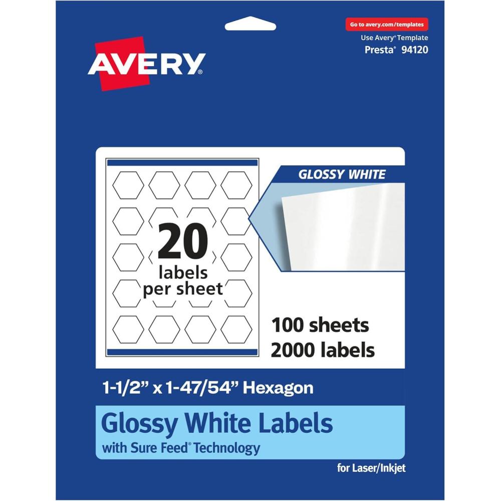 imageAvery Glossy White Hexagon Labels Sure Feed Technology 112quot x 14754quot 200 Glossy White Labels PrinttoTheEdge Permanent Adhesive LaserInkjet Printable2 000 labels