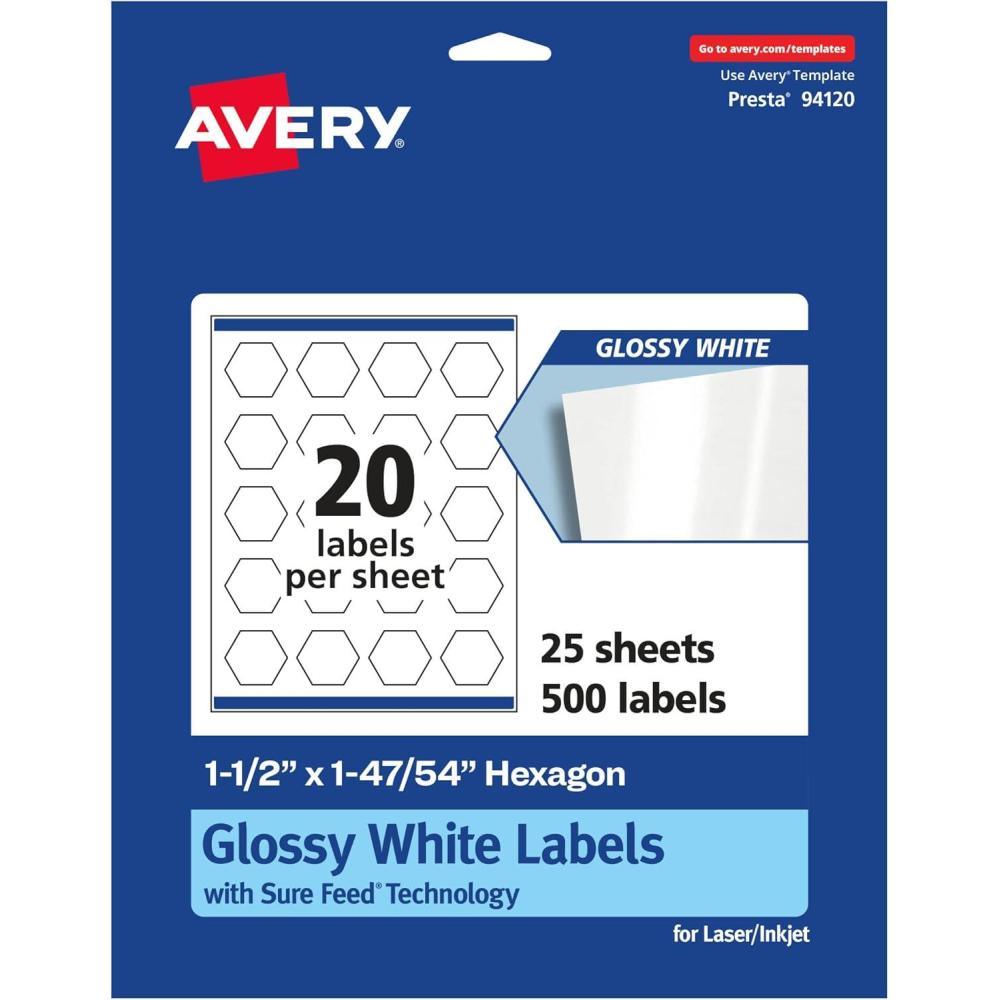 imageAvery Glossy White Hexagon Labels Sure Feed Technology 112quot x 14754quot 200 Glossy White Labels PrinttoTheEdge Permanent Adhesive LaserInkjet Printable500 labels