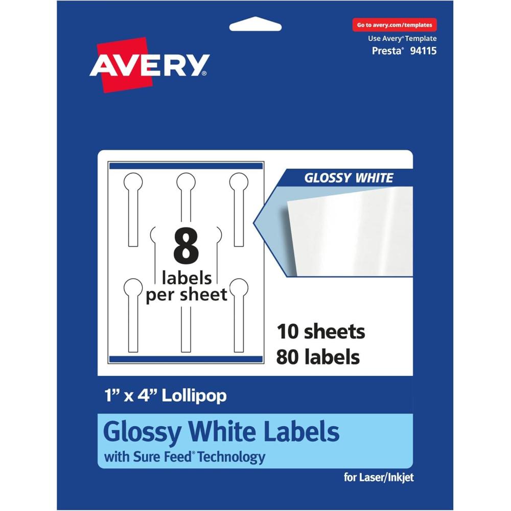 imageAvery Glossy White Lollipop Labels Sure Feed Technology 1quot x 4quot 80 Glossy White Labels PrinttoTheEdge Permanent Adhesive LaserInkjet Printable80 labels