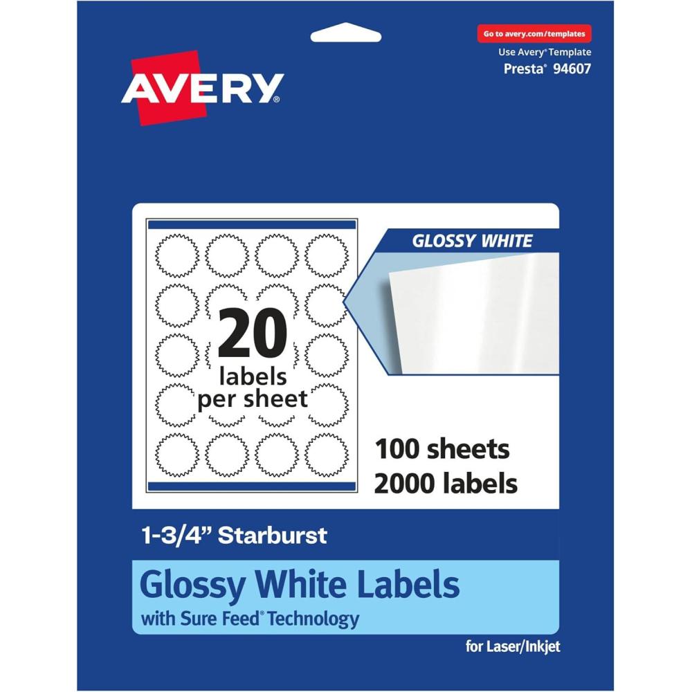 imageAvery Glossy White Starburst Labels Sure Feed Technology 175quot 200 Glossy White Labels PrinttoTheEdge Permanent Adhesive LaserInkjet Printable2 000 labels