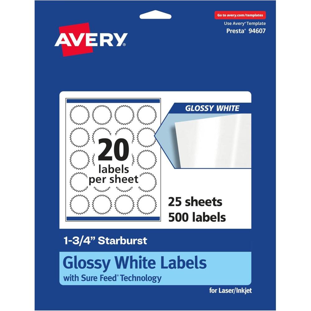 imageAvery Glossy White Starburst Labels Sure Feed Technology 175quot 200 Glossy White Labels PrinttoTheEdge Permanent Adhesive LaserInkjet Printable500 labels