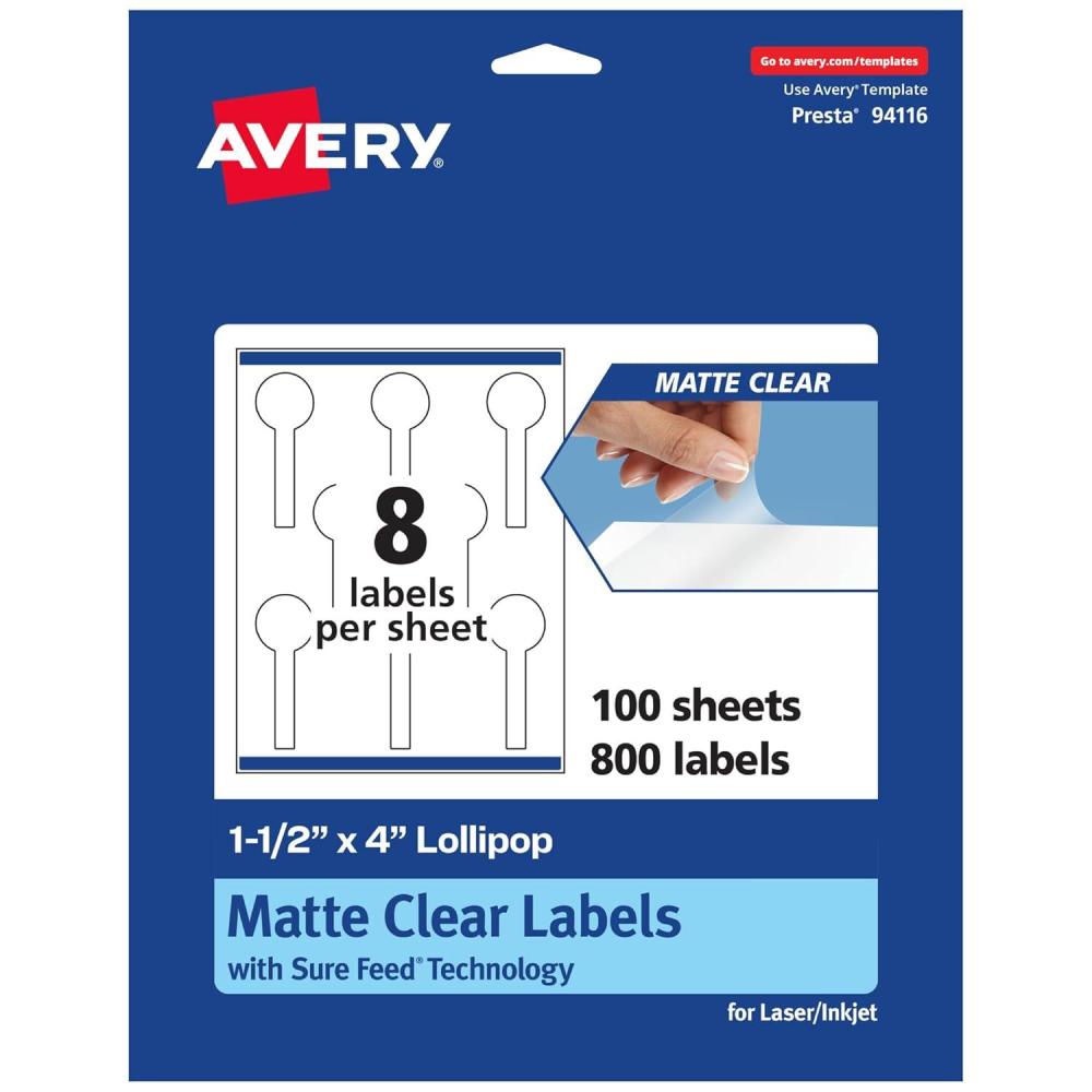 imageAvery Matte Clear Lollipop Labels Sure Feed Technology 15quot x 4quot 200 Matte Clear Labels PrinttoTheEdge LaserInkjet Printable800 labels