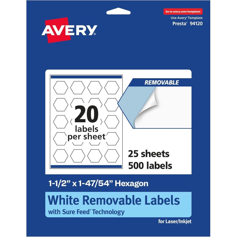 imageAvery Matte White Removable Hexagon Labels Sure Feed Technology PrinttoTheEdge 112quot x 14754quot 300 Removable Labels LaserInkjet Printable500 labels