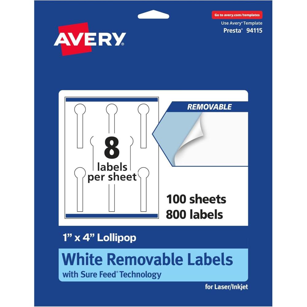 imageAvery Matte White Removable Lollipop Labels Sure Feed Technology PrinttoTheEdge 1quot x 4quot 120 Removable Labels LaserInkjet Printable800 labels