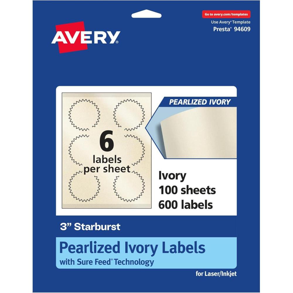 imageAvery Pearlized Ivory Starburst Labels Sure Feed Technology PrinttoTheEdge 3quot 150 Pearlized Ivory Labels LaserInkjet Printable600 labels
