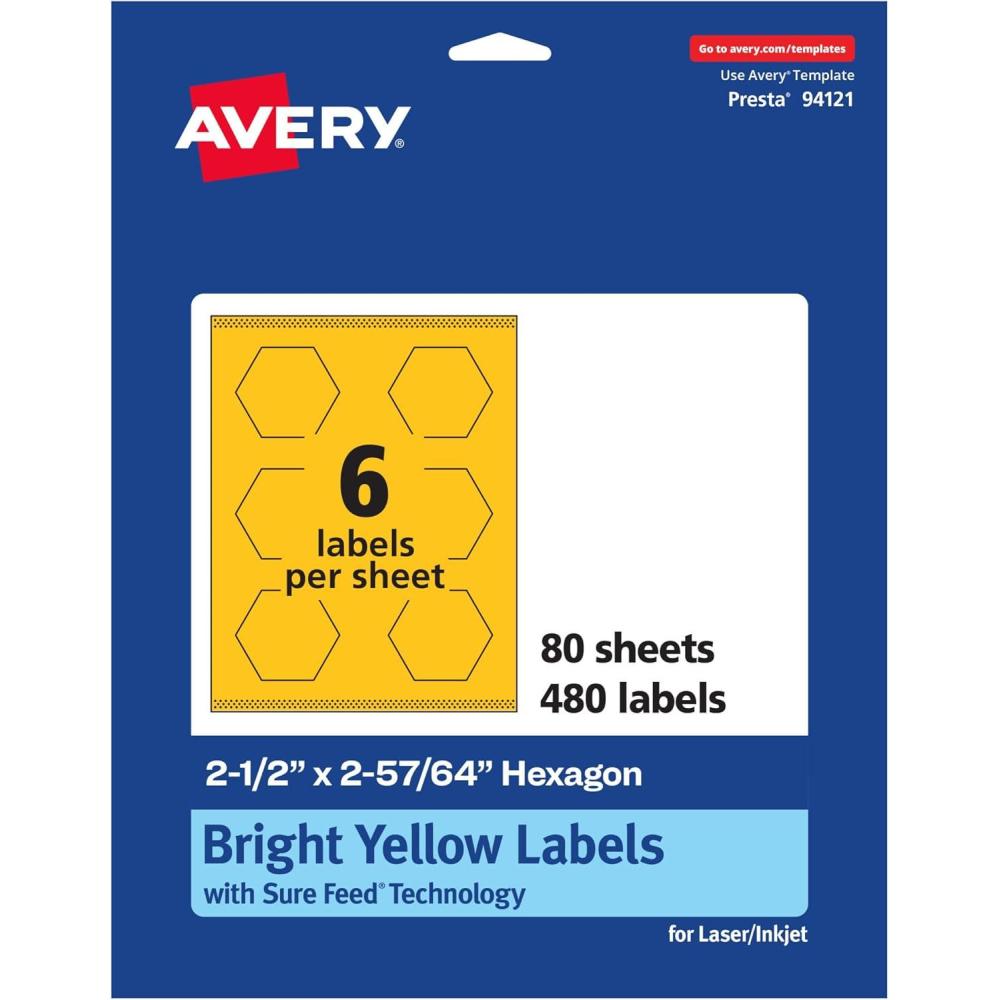 imageAvery Printable Hexagon Labels Sure Feed Technology 212quot x 25764quot Bright Yellow Labels PrinttoTheEdge LaserInkjet Printable 120 Total Great for Cosmetics and Jars480 labels