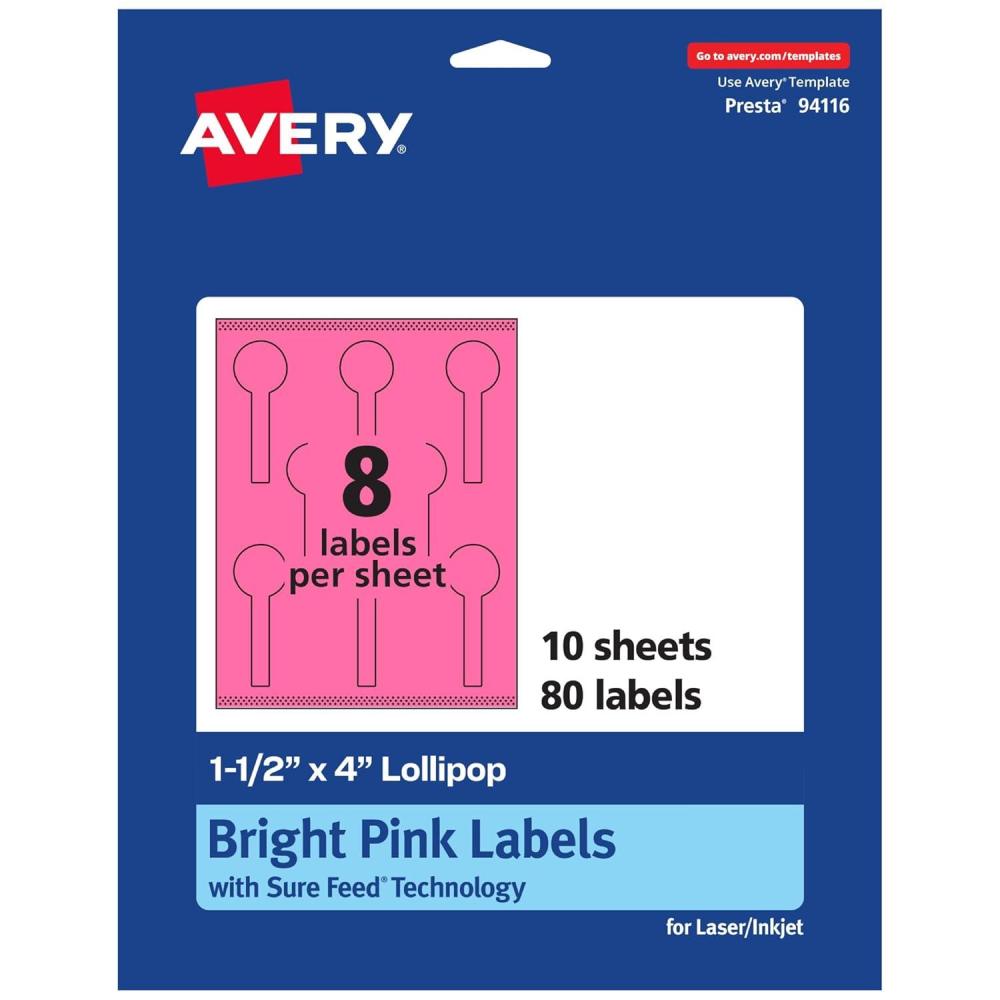 imageAvery Printable Lollipop Labels Sure Feed Technology 112quot x 4quot Bright Pink Labels PrinttoTheEdge LaserInkjet Printable 80 Total Great for Jars and Baking Seal Stickers80 labels