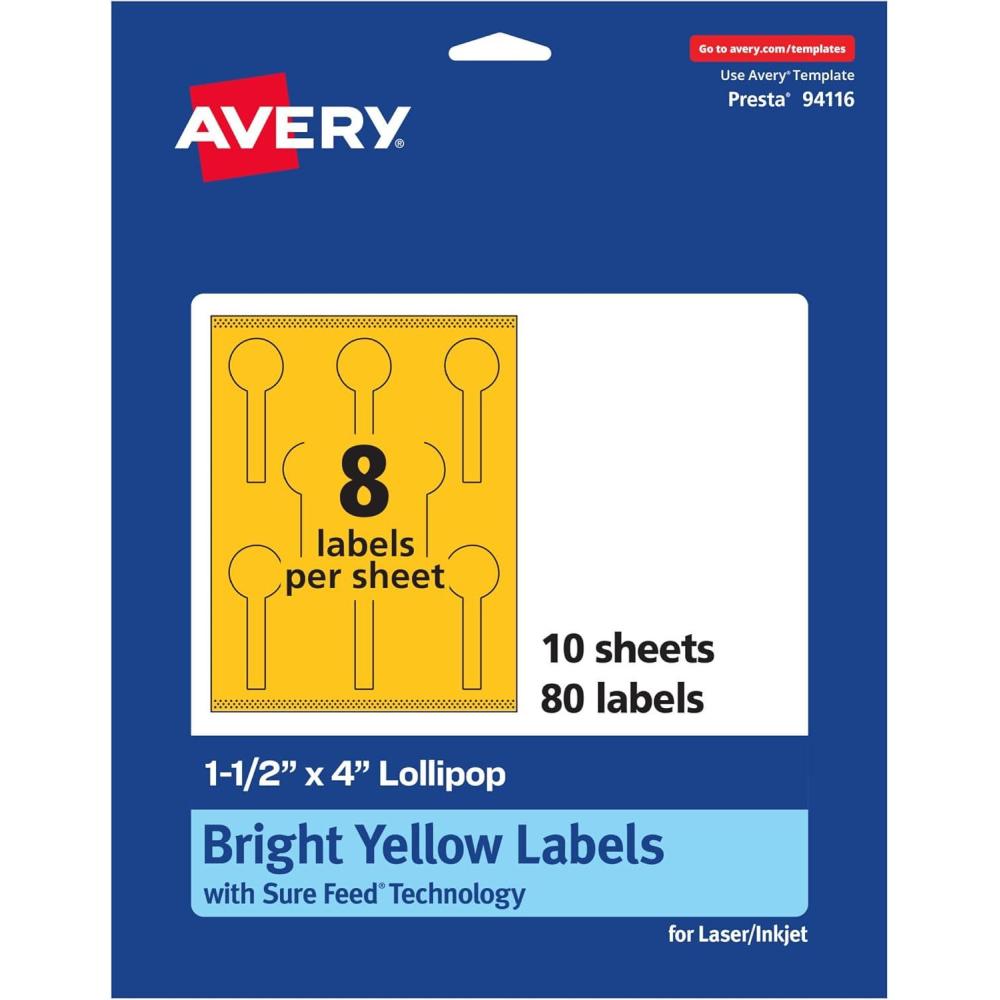 imageAvery Printable Lollipop Labels Sure Feed Technology 112quot x 4quot Bright Yellow Labels PrinttoTheEdge LaserInkjet Printable 160 Total Great for Jars and Baking Seal Stickers80 labels