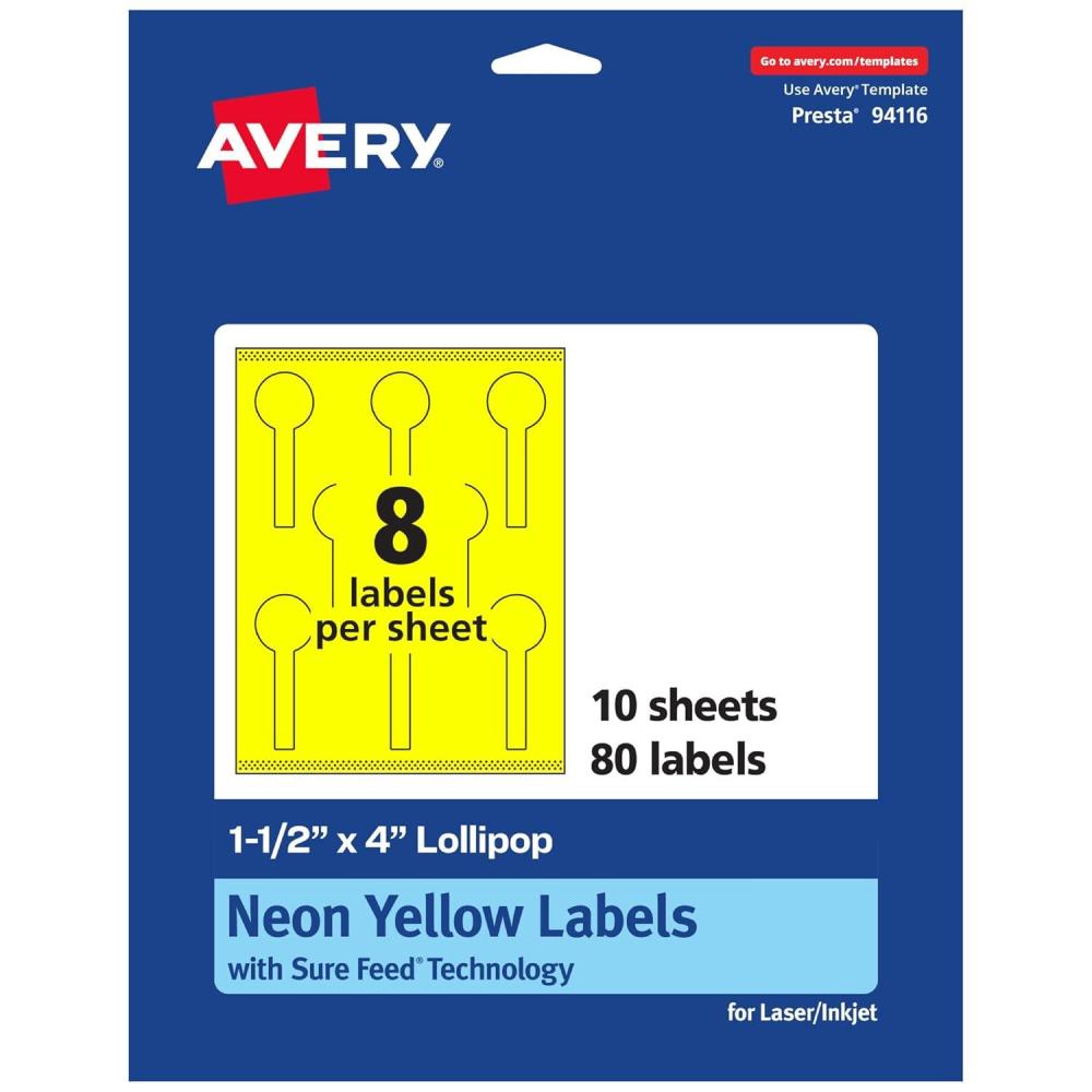 imageAvery Printable Lollipop Labels Sure Feed Technology 112quot x 4quot Neon Yellow Labels PrinttoTheEdge LaserInkjet Printable 160 Total Great for Jars and Baking Seal Stickers80 labels