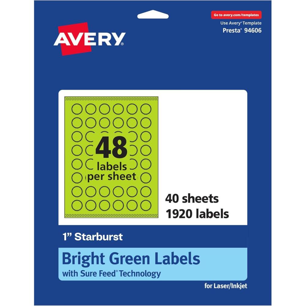 imageAvery Printable Starburst Labels Sure Feed Technology 1quot Bright Green Labels PrinttoTheEdge LaserInkjet 480 Total Great for Mailing Seals and Planner Stickers1 920 labels