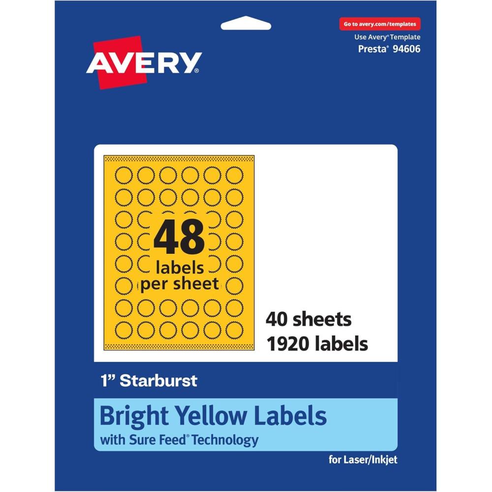 imageAvery Printable Starburst Labels Sure Feed Technology 1quot Bright Yellow Labels PrinttoTheEdge LaserInkjet 480 Total Great for Mailing Seals and Planner Stickers1 920 labels