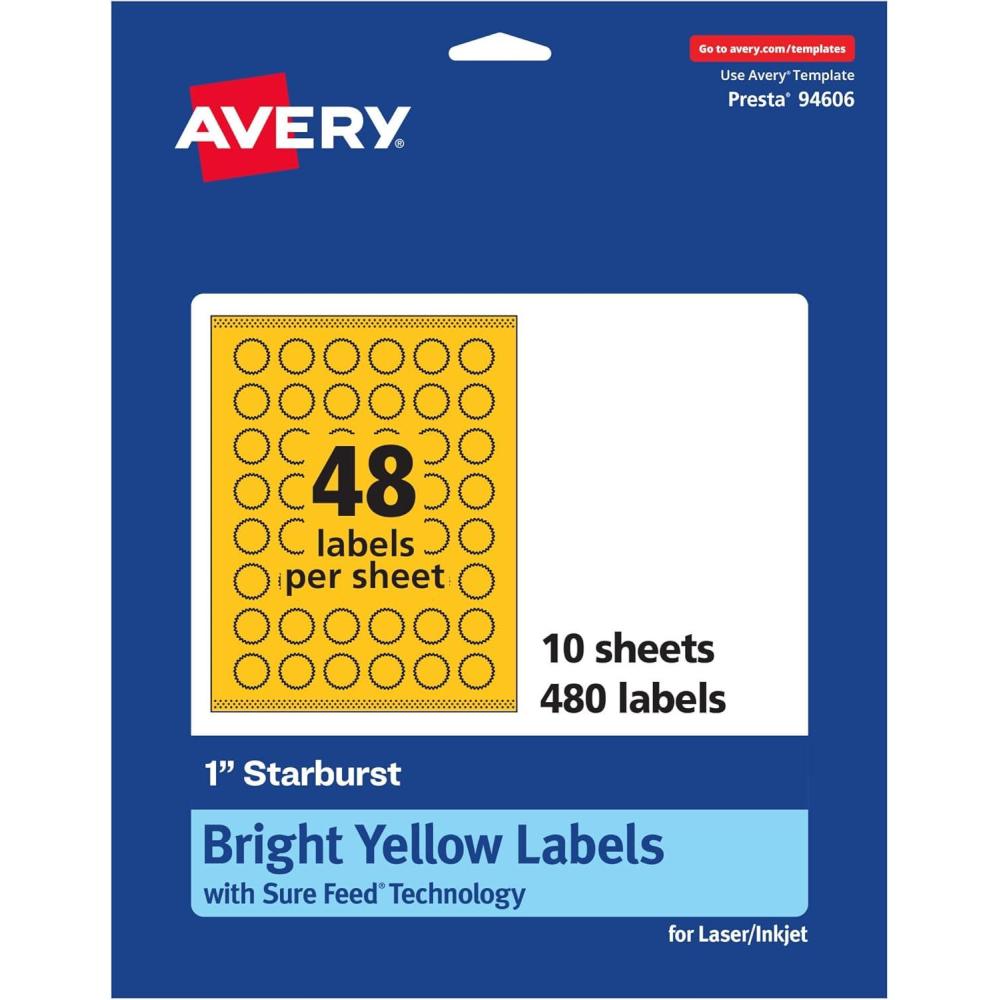 imageAvery Printable Starburst Labels Sure Feed Technology 1quot Bright Yellow Labels PrinttoTheEdge LaserInkjet 480 Total Great for Mailing Seals and Planner Stickers480 labels
