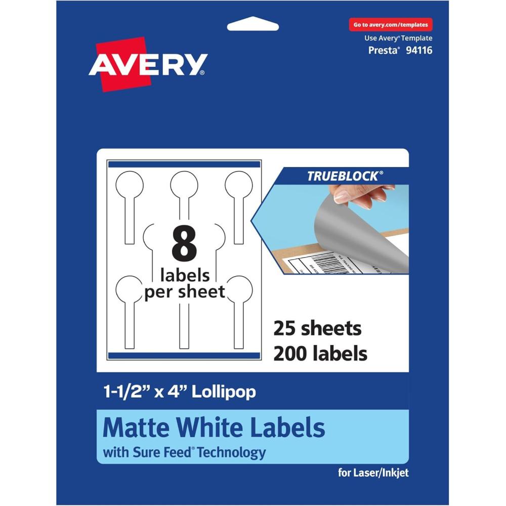 imageAvery TrueBlock Matte White Lollipop Labels Sure Feed Technology 15quot x 4quot 800 Matte White Labels PrinttoTheEdge LaserInkjet Printable Great for Packaging and Product Merchandising200 labels