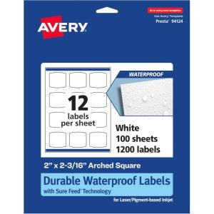 imageAvery Durable Waterproof Arched Square Labels Sure Feed Technology 2quot x 2316quot 120 Total Oil and TearResistant Waterproof Labels PrinttoTheEdge LaserPigmentBased Inkjet Printable1 200 labels