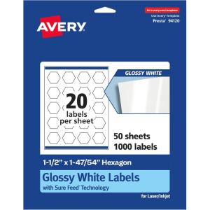 imageAvery Glossy White Hexagon Labels Sure Feed Technology 112quot x 14754quot 200 Glossy White Labels PrinttoTheEdge Permanent Adhesive LaserInkjet Printable1 000 labels