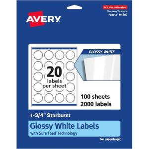 imageAvery Glossy White Starburst Labels Sure Feed Technology 175quot 200 Glossy White Labels PrinttoTheEdge Permanent Adhesive LaserInkjet Printable2 000 labels