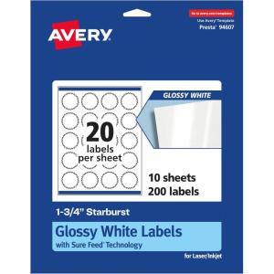 imageAvery Glossy White Starburst Labels Sure Feed Technology 175quot 200 Glossy White Labels PrinttoTheEdge Permanent Adhesive LaserInkjet Printable200 labels