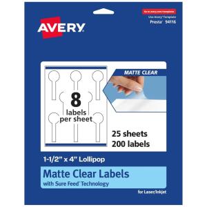 imageAvery Matte Clear Lollipop Labels Sure Feed Technology 15quot x 4quot 200 Matte Clear Labels PrinttoTheEdge LaserInkjet Printable200 labels