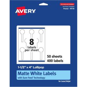 imageAvery Matte White Lollipop Labels Sure Feed Technology 15quot x 4quot 200 White Labels PrinttoTheEdge Permanent Adhesive LaserInkjet Printable400 labels