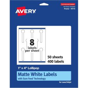 imageAvery Matte White Lollipop Labels Sure Feed Technology 1quot x 4quot 200 White Labels PrinttoTheEdge Permanent Adhesive LaserInkjet Printable400 labels