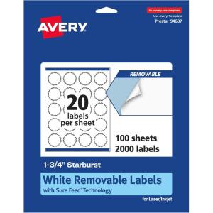 imageAvery Matte White Removable Starburst Labels Sure Feed Technology PrinttoTheEdge 175quot 300 Removable Labels LaserInkjet Printable2 000 labels