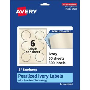 imageAvery Pearlized Ivory Starburst Labels Sure Feed Technology PrinttoTheEdge 3quot 150 Pearlized Ivory Labels LaserInkjet Printable300 labels
