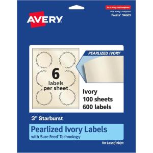 imageAvery Pearlized Ivory Starburst Labels Sure Feed Technology PrinttoTheEdge 3quot 150 Pearlized Ivory Labels LaserInkjet Printable600 labels