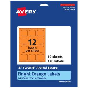 imageAvery Printable Arched Square Labels with Sure Feed Technology 2quot x 2316quot Bright Orange PrinttoTheEdge LaserInkjet 240 Total120 labels