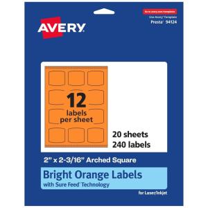 imageAvery Printable Arched Square Labels with Sure Feed Technology 2quot x 2316quot Bright Orange PrinttoTheEdge LaserInkjet 240 Total240 labels