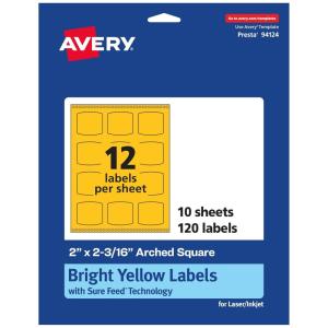imageAvery Printable Arched Square Labels with Sure Feed Technology 2quot x 2316quot Bright Yellow PrinttoTheEdge LaserInkjet 240 Total120 labels
