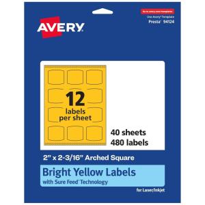 imageAvery Printable Arched Square Labels with Sure Feed Technology 2quot x 2316quot Bright Yellow PrinttoTheEdge LaserInkjet 240 Total480 labels