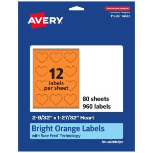 imageAvery Printable Heart Labels Sure Feed Technology 2932quot x 12732quot Bright Orange Labels PrinttoTheEdge LaserInkjet Printable 120 Total Great for Mailing Seals and Packaging960 labels