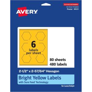 imageAvery Printable Hexagon Labels Sure Feed Technology 212quot x 25764quot Bright Yellow Labels PrinttoTheEdge LaserInkjet Printable 120 Total Great for Cosmetics and Jars480 labels