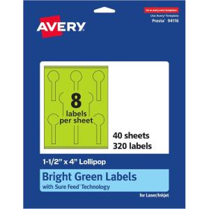 imageAvery Printable Lollipop Labels Sure Feed Technology 112quot x 4quot Bright Green Labels PrinttoTheEdge LaserInkjet Printable 80 Total Great for Jars and Baking Seal Stickers320 labels