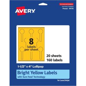 imageAvery Printable Lollipop Labels Sure Feed Technology 112quot x 4quot Bright Yellow Labels PrinttoTheEdge LaserInkjet Printable 160 Total Great for Jars and Baking Seal Stickers160 labels