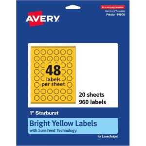 imageAvery Printable Starburst Labels Sure Feed Technology 1quot Bright Yellow Labels PrinttoTheEdge LaserInkjet 480 Total Great for Mailing Seals and Planner Stickers960 labels