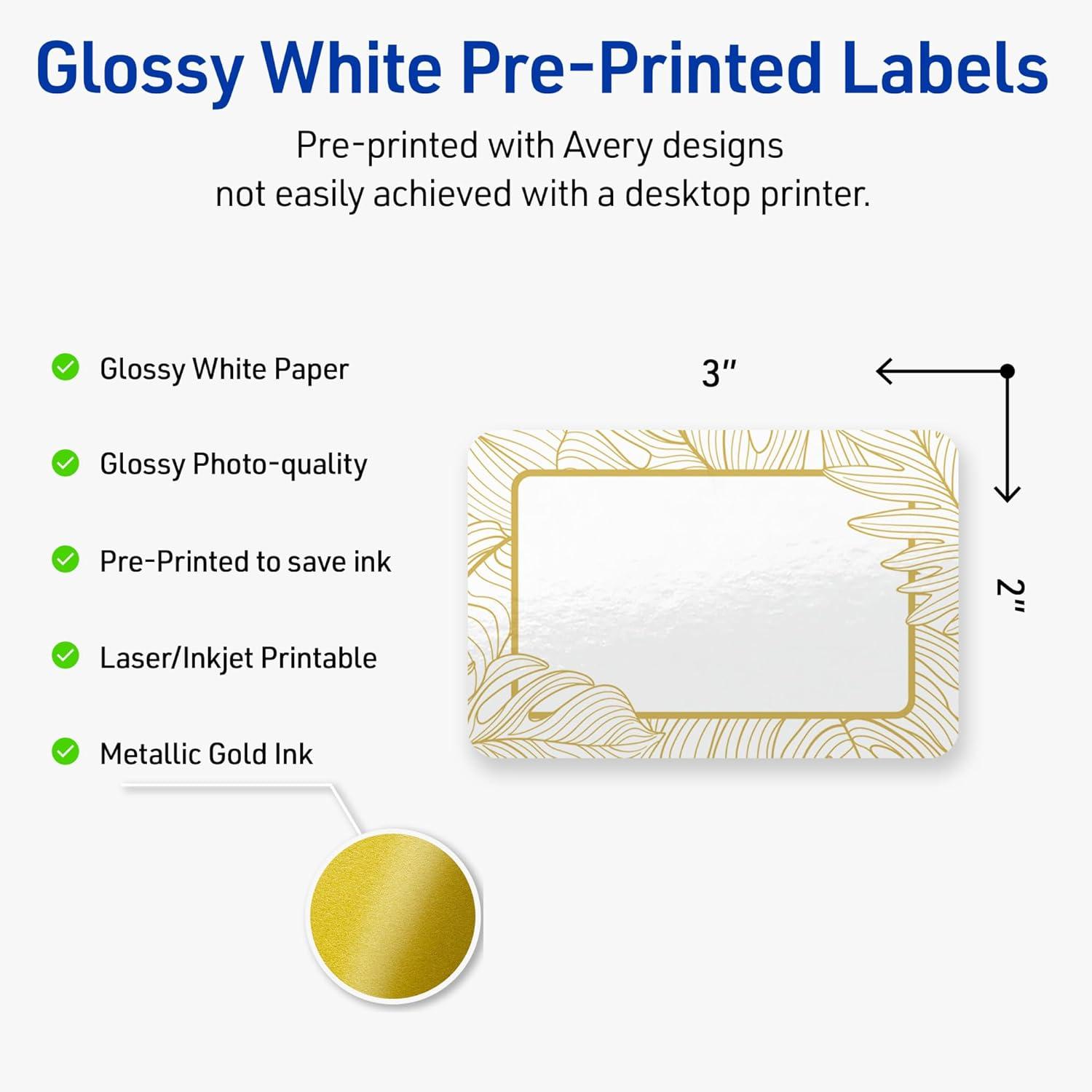 imageAvery Printable Rectangle Labels Gold Border Gold Dots 2quot x 3quot Glossy White Rectangle Labels Permanent LaserInkjet 80ct Great for Product MerchandisingGold Monstera Leaves