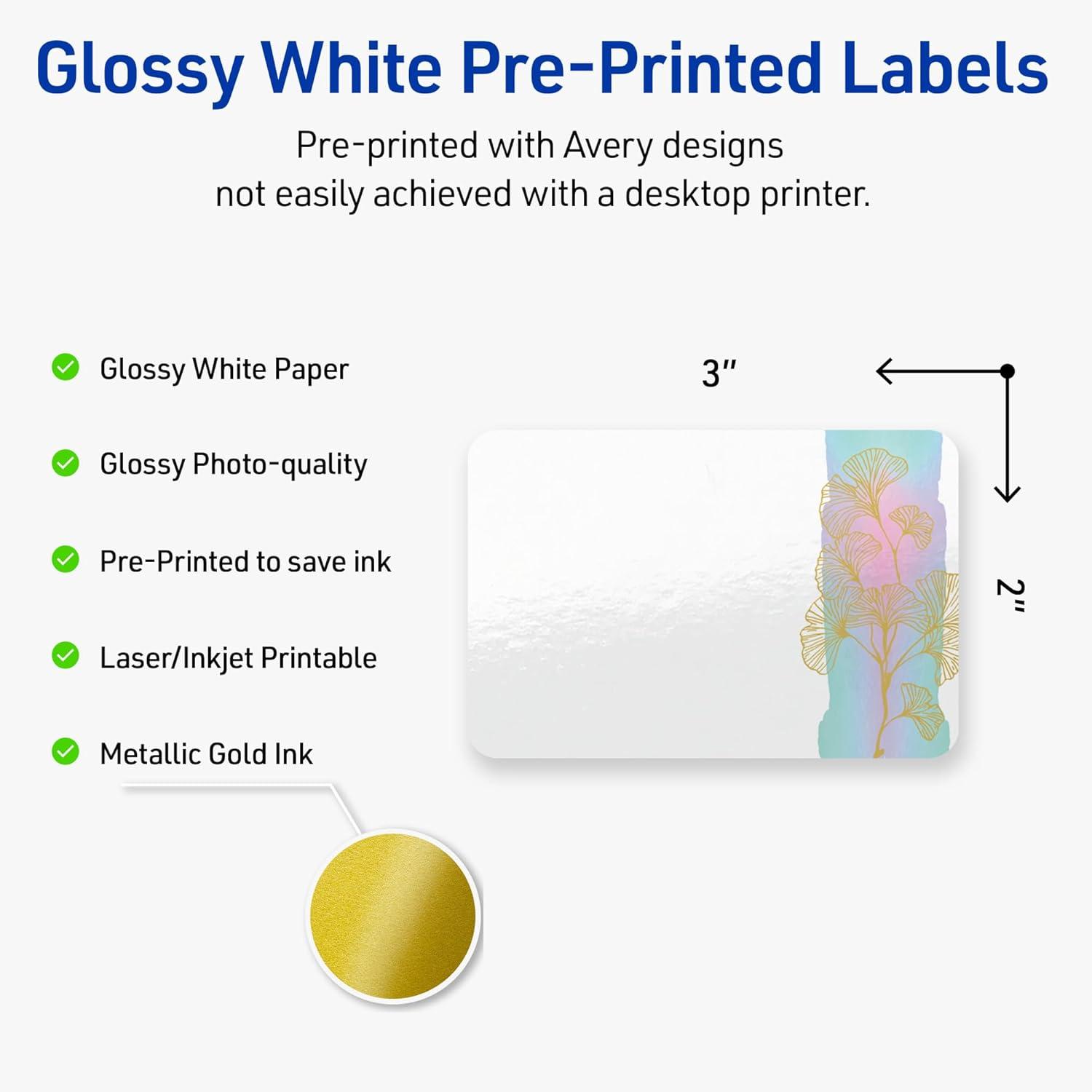 imageAvery Printable Rectangle Labels Gold Border Gold Dots 2quot x 3quot Glossy White Rectangle Labels Permanent LaserInkjet 80ct Great for Product MerchandisingWatercolors With Gold Ginkgo Leaves