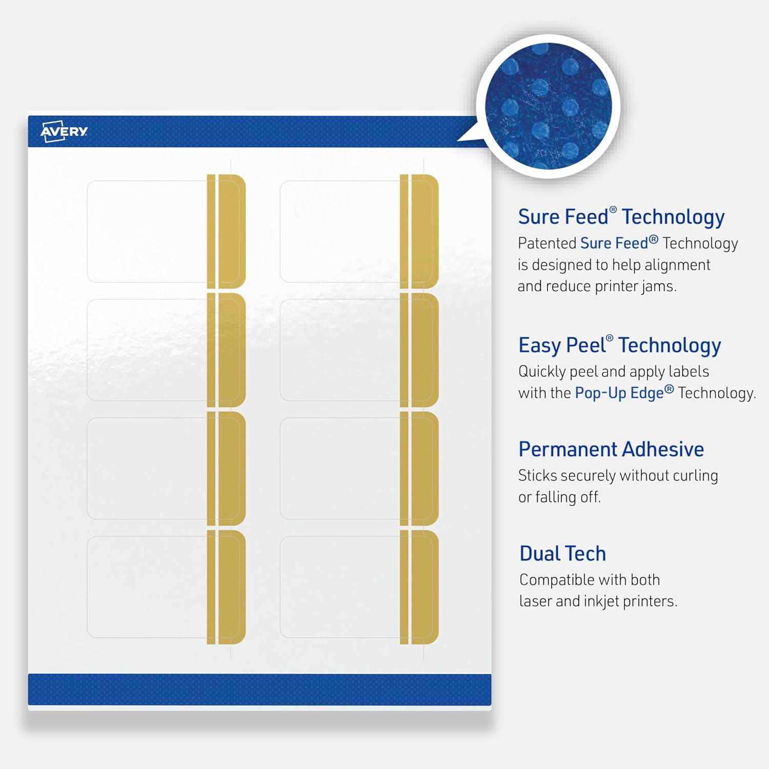 imageAvery Printable Rectangle Labels Gold Border Gold Dots 2quot x 3quot Glossy White Rectangle Labels Permanent LaserInkjet 80ct Great for Product MerchandisingDouble Dipped Gold Edge