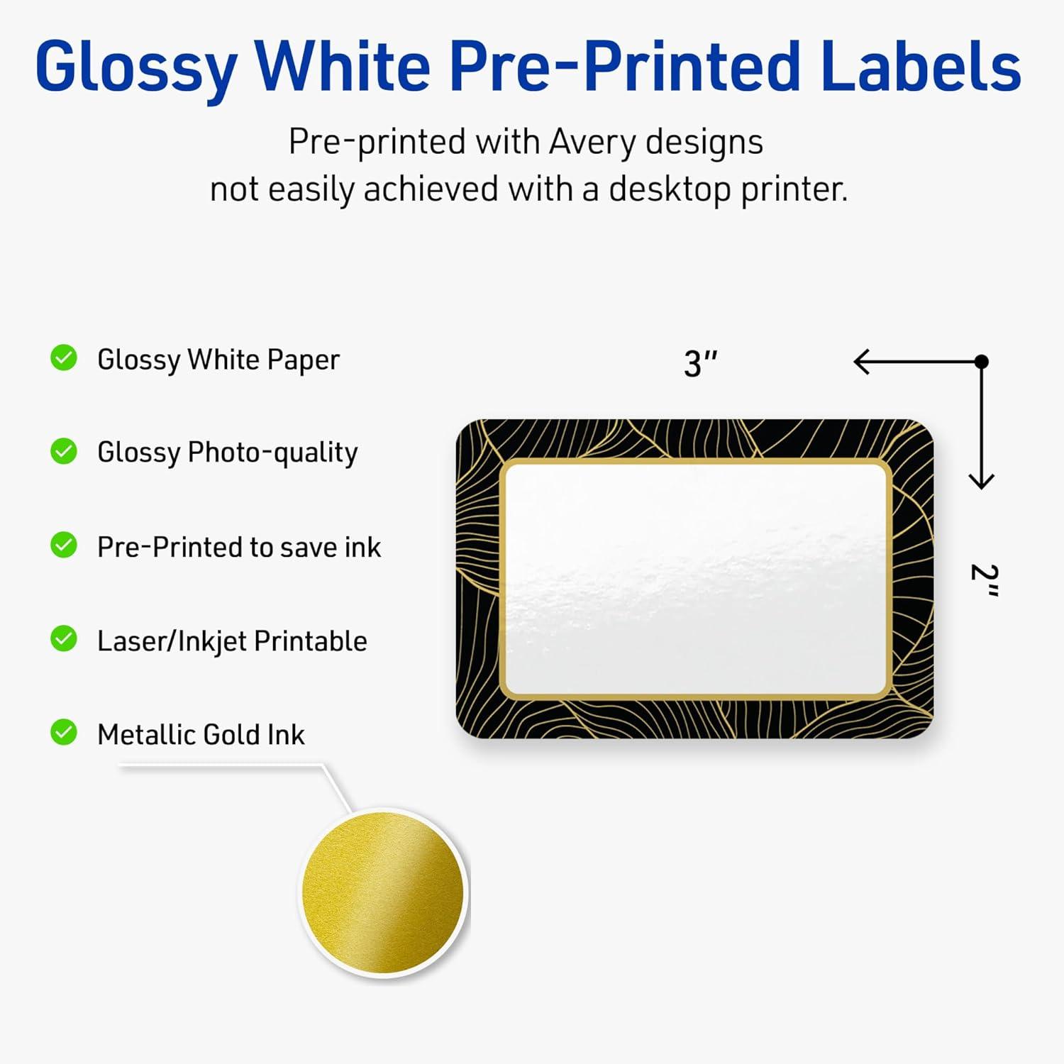 imageAvery Printable Rectangle Labels Gold Border Gold Dots 2quot x 3quot Glossy White Rectangle Labels Permanent LaserInkjet 80ct Great for Product MerchandisingBlack Border With Gold Veins